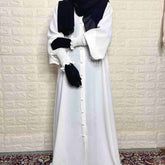 White Basic Abaya With Smocked Sleeves