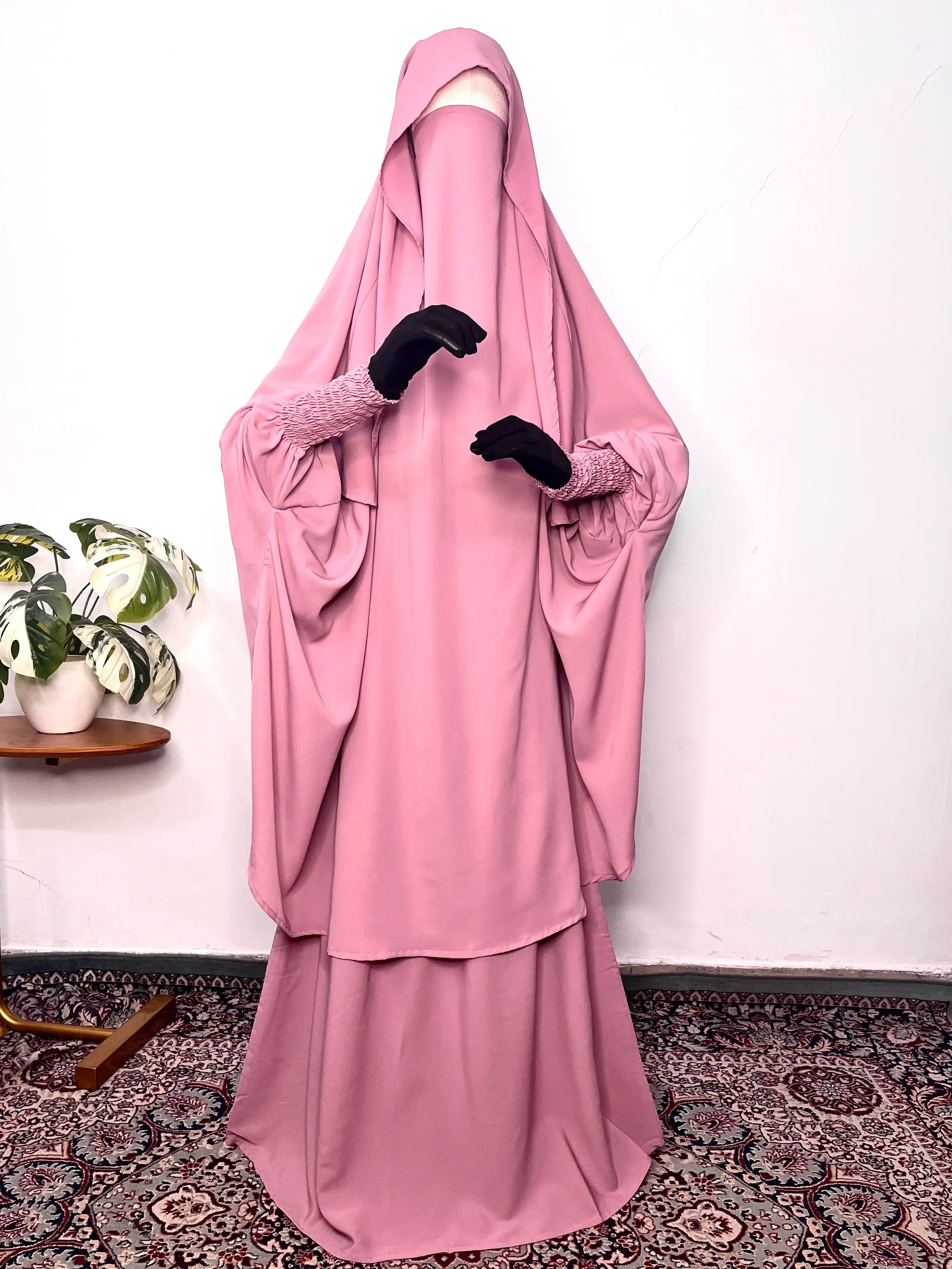 pink two piece jilbab smocked sleeves