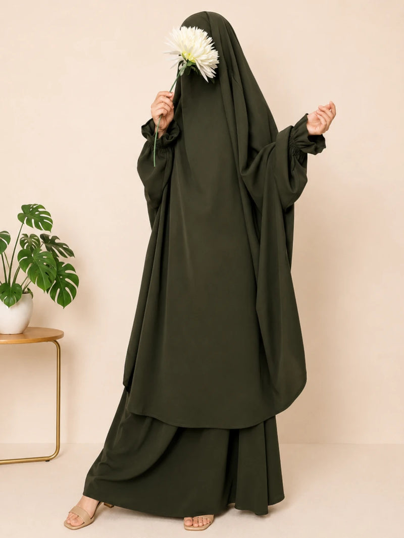 Olive Two Pc Jilbab With Flower Sleeves
