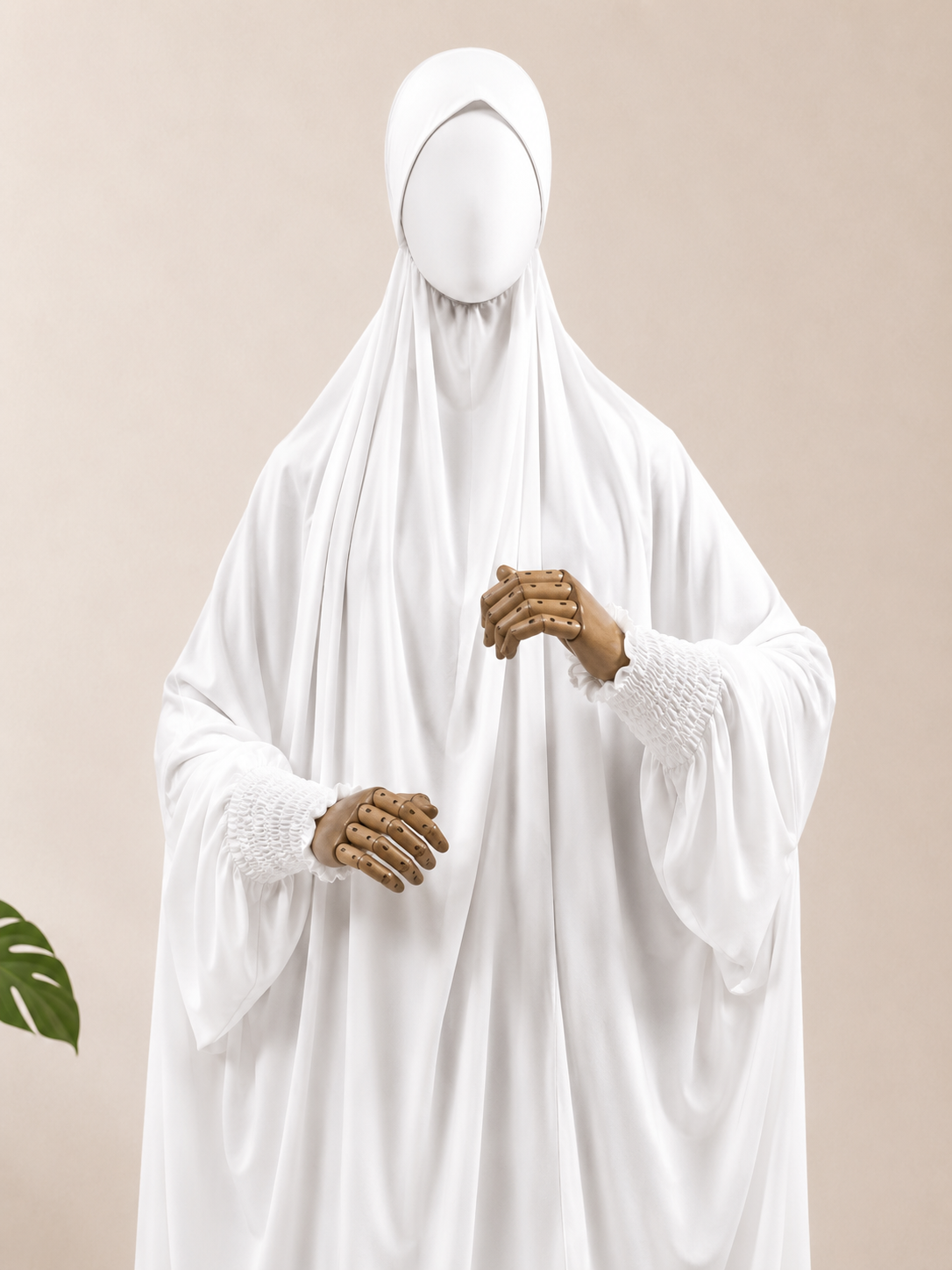 White jilbab with smocked sleeves