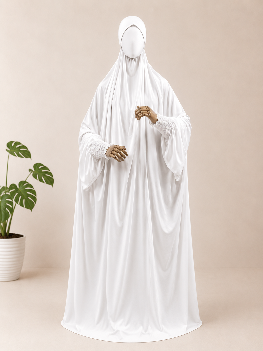 White jilbab with smocked sleeves