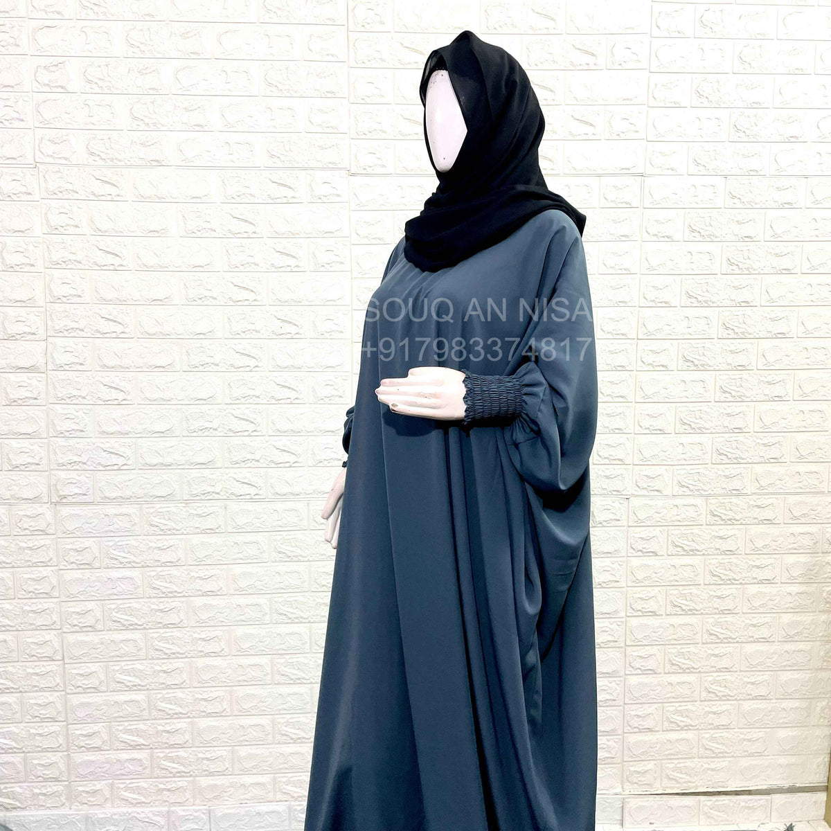 Grey Kaftan Abaya With Smocking Sleeves