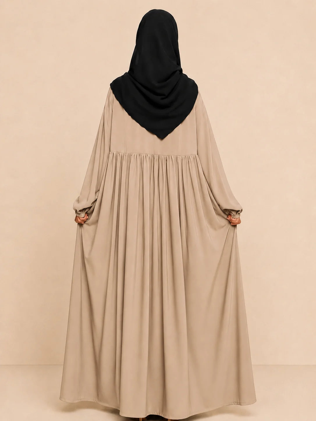 Beige Frills Abaya With Baggy Sleeves