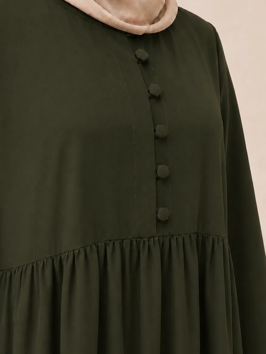 Olive Frills Abaya With Baggy Sleeves