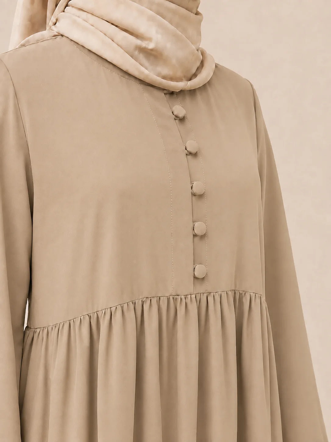 Beige Frills Abaya With Baggy Sleeves