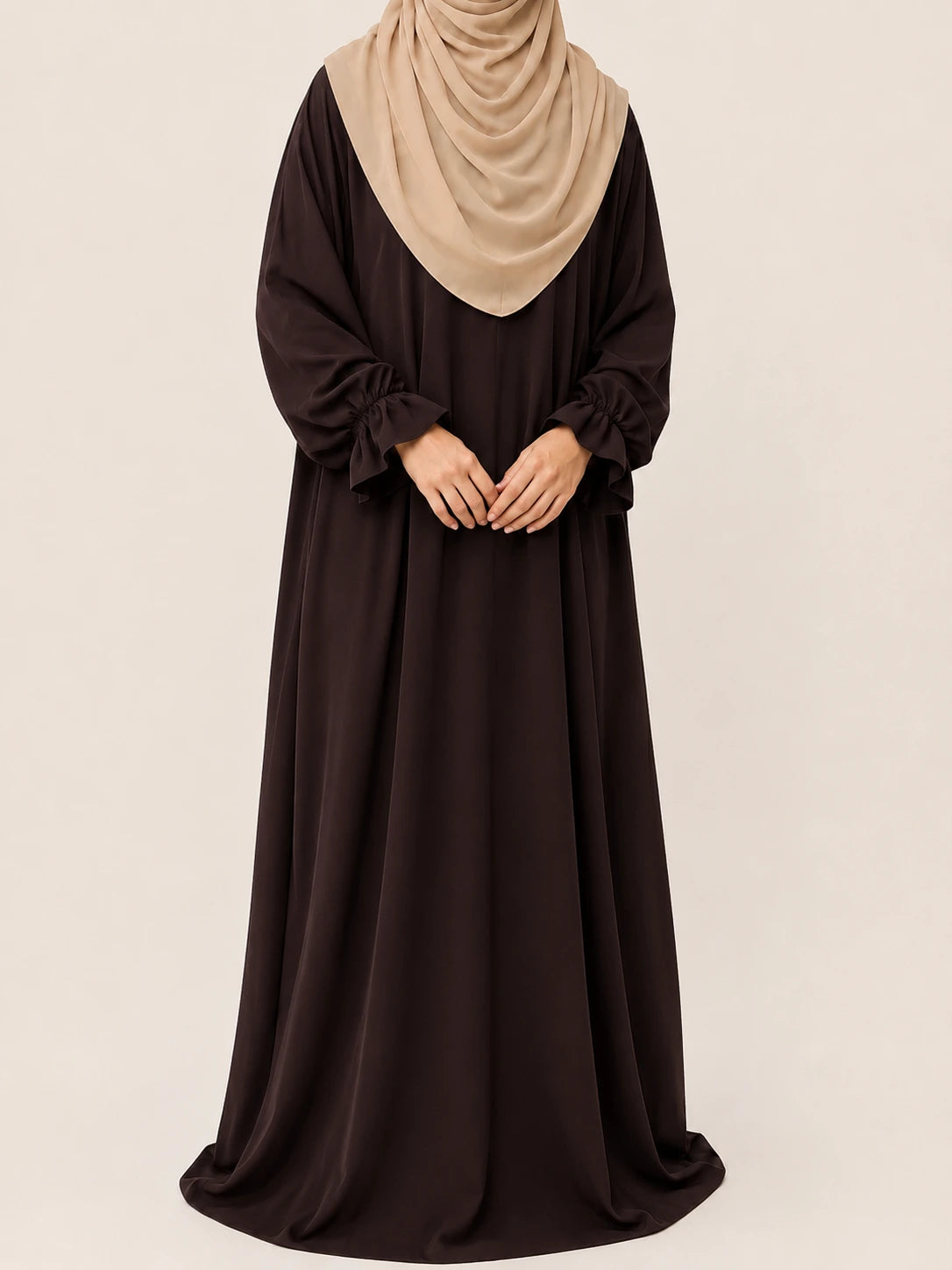 Brown Basic Abaya With Flower Sleeves