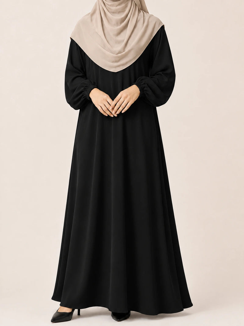Black Basic Abaya With Elastic Sleeves