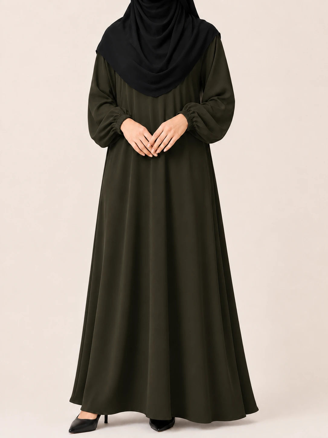 Olive Basic Abaya With Elastic Sleeves