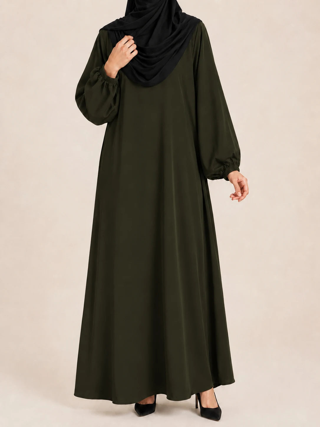 Olive Basic Abaya With Elastic Sleeves