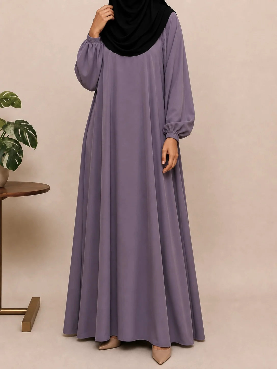 Lavender Basic Abaya With Elastic Sleeves