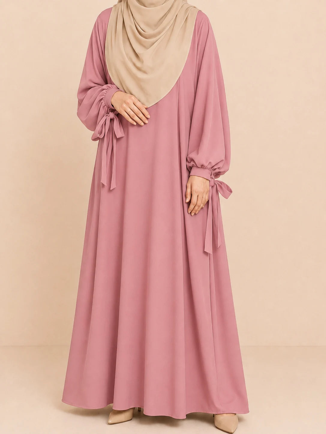 Blush Pink Ribbon Sleeves Abaya