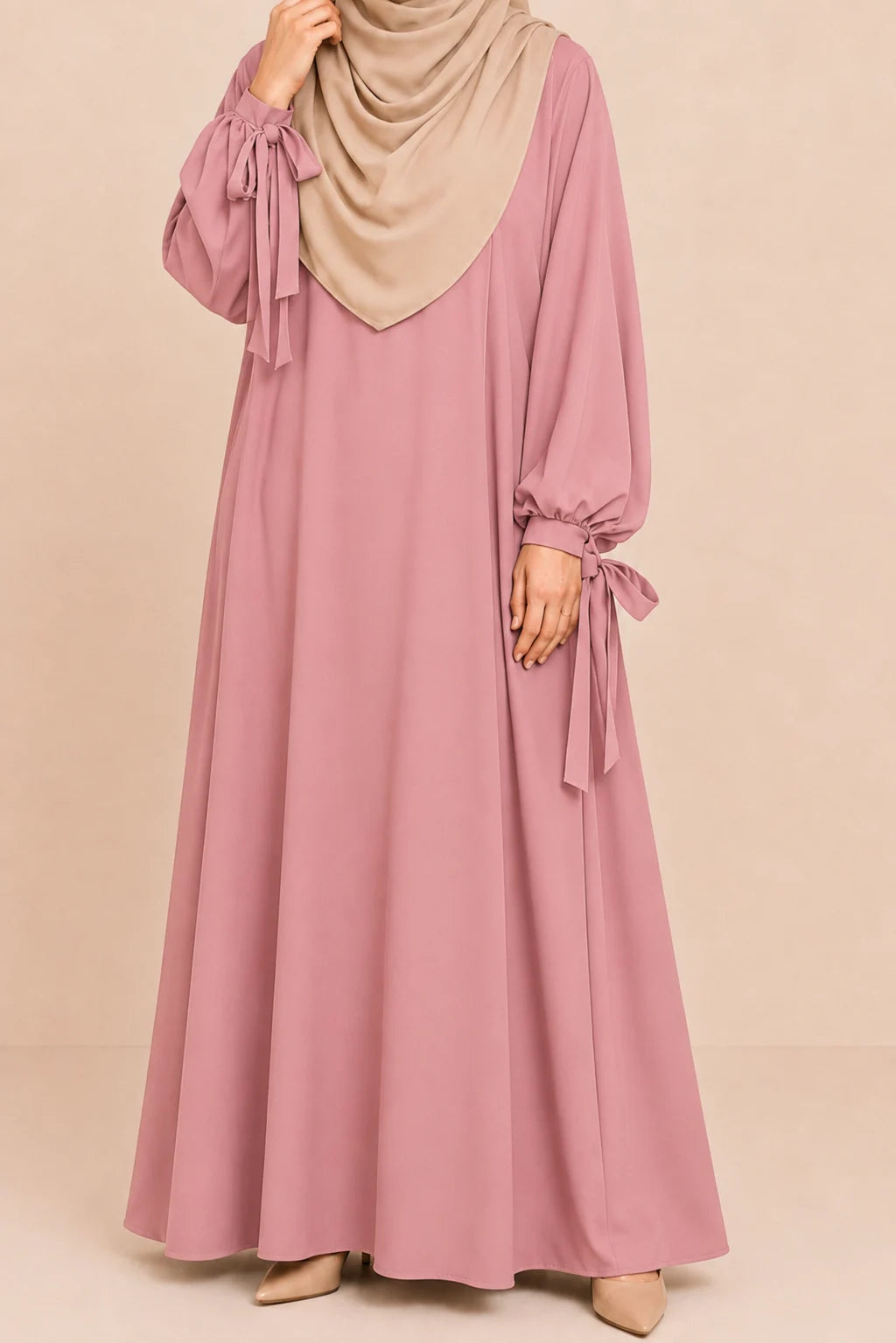 Blush Pink Ribbon Sleeves Abaya