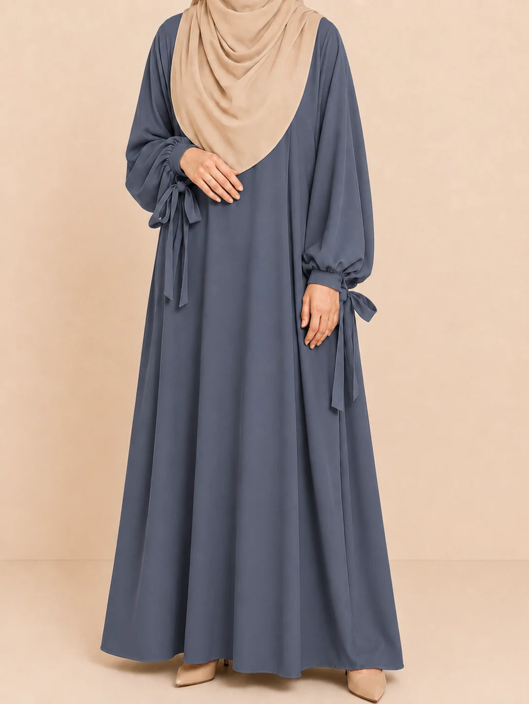 Grey Ribbon Sleeves Abaya