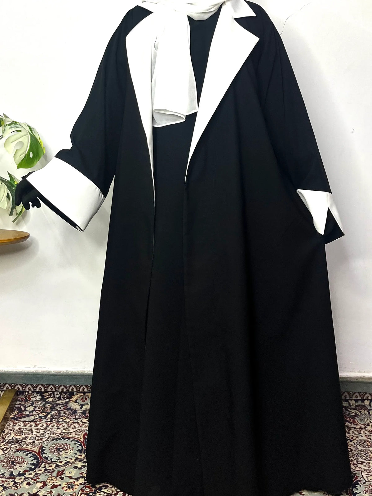 Black Coat Abaya With White Contrast