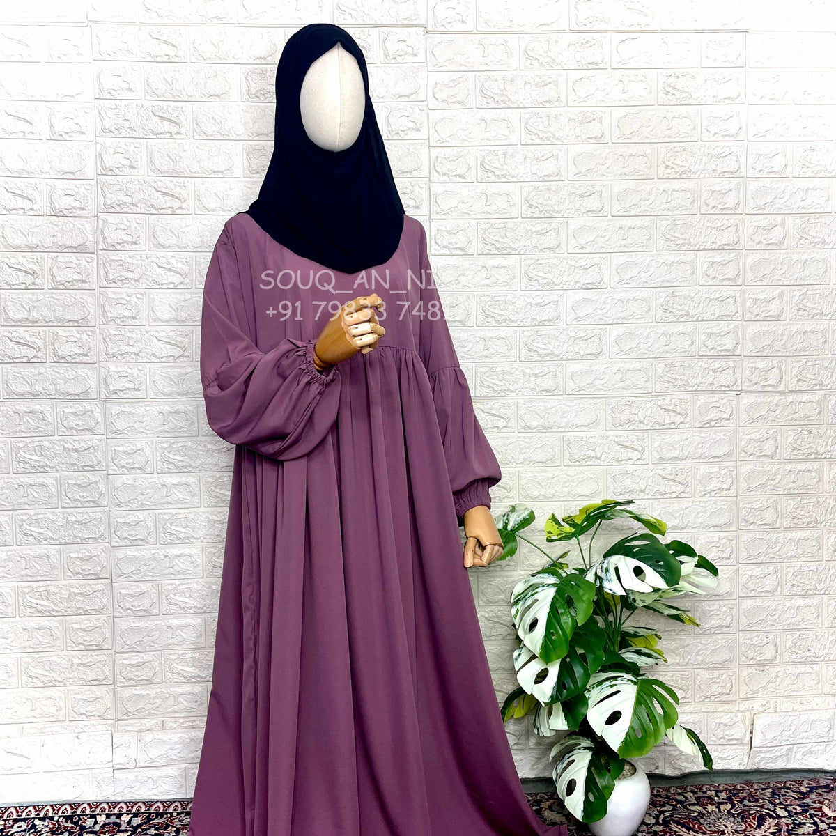 Dusty Mauve Frills Abaya With Pleated Sleeves
