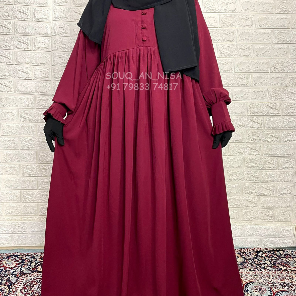 Maroon Frill Basic Abaya