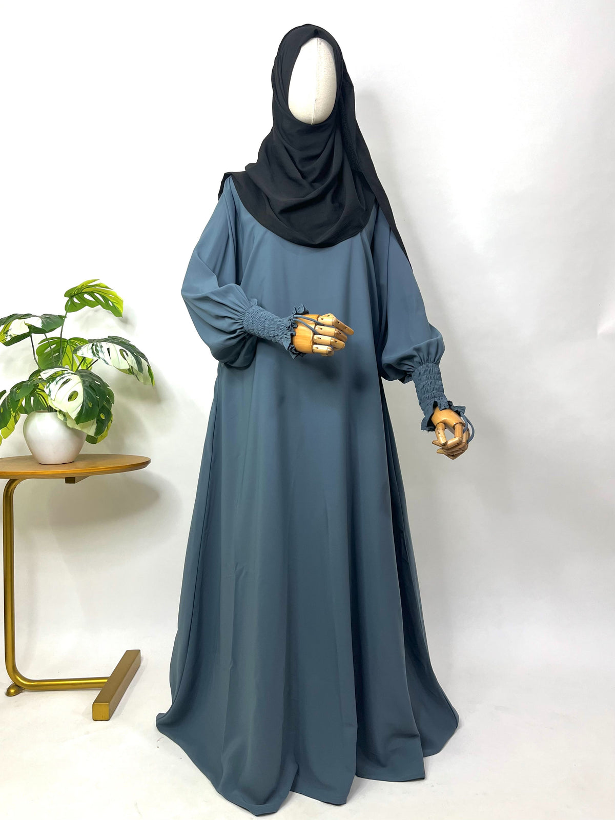 Grey Basic Abaya With Smocking Sleeves