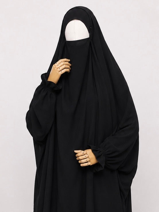 Black Two Pc Jilbab With Flower Sleeves