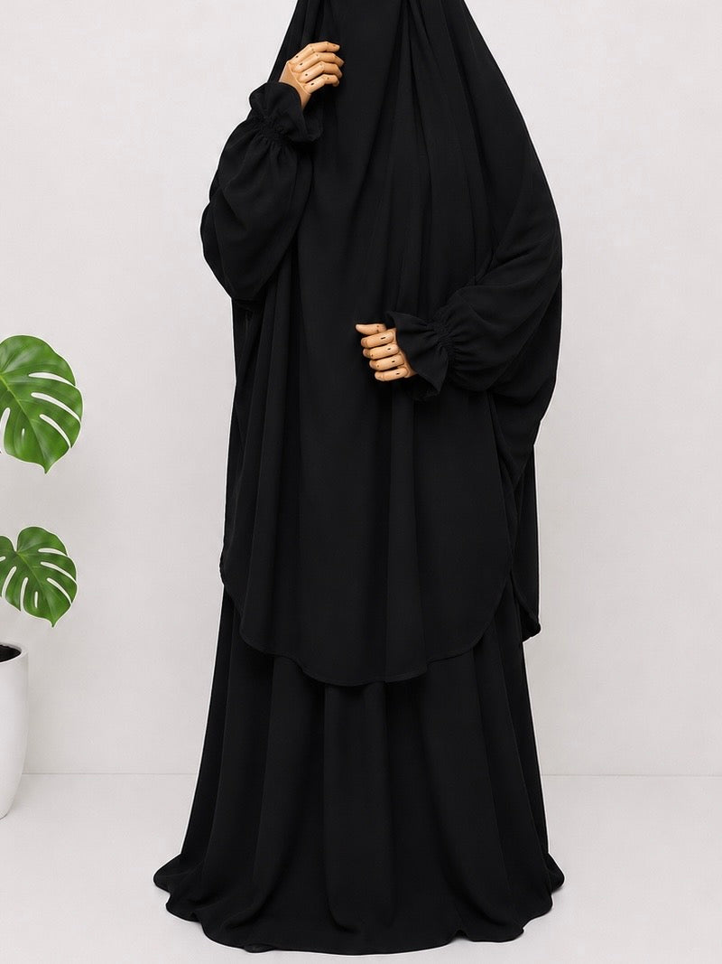 Black Two Pc Jilbab With Flower Sleeves