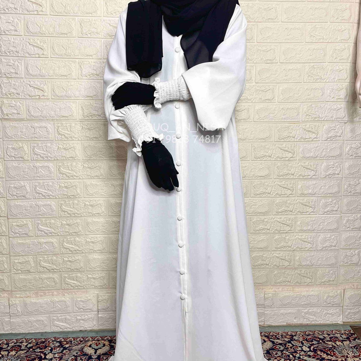 White Basic Abaya With Smocked Sleeves