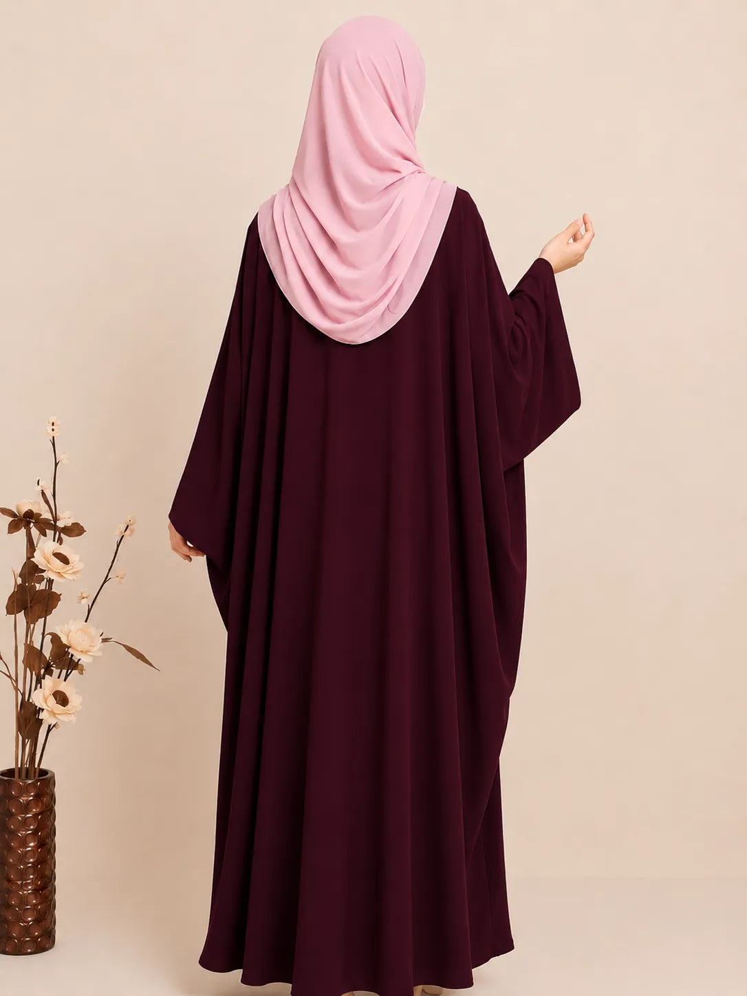 Maroon Kaftan Abaya With Broad Sleeves