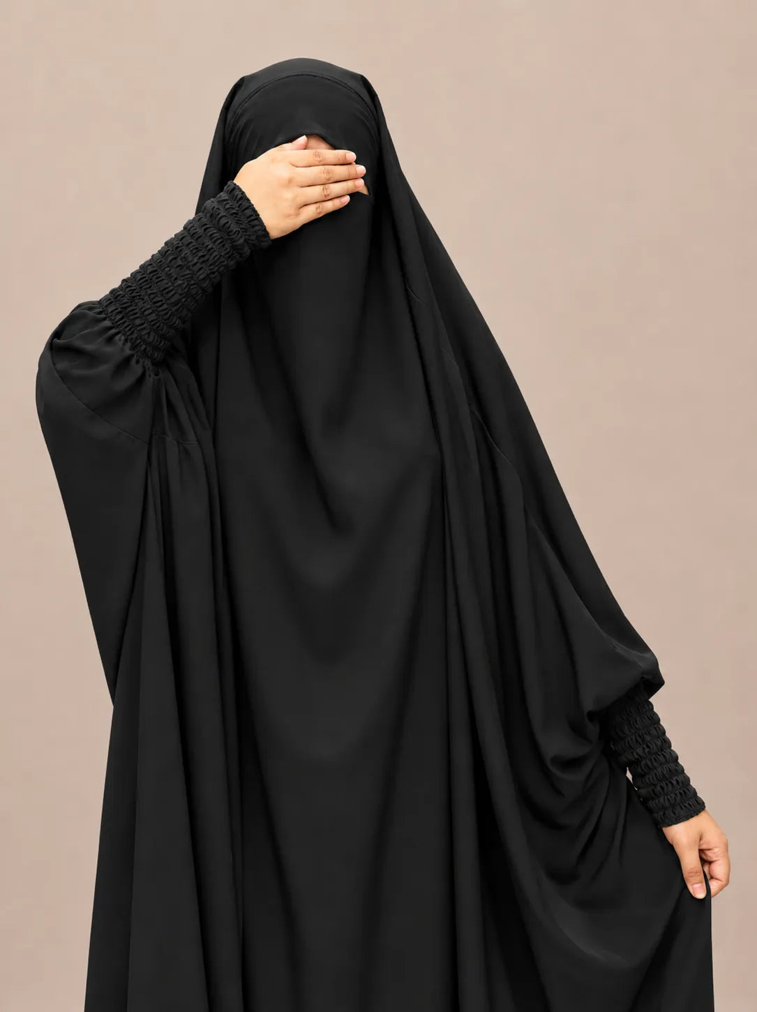 Black Jilbab With Smocked Sleeves