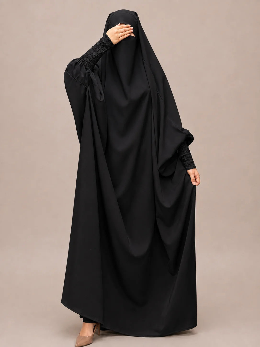 Black Jilbab With Smocked Sleeves