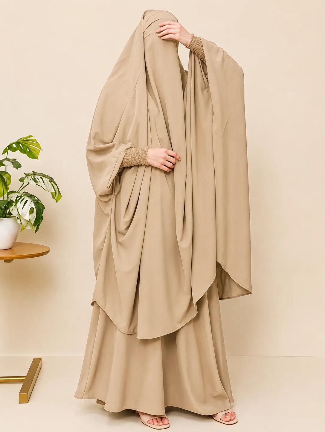 Beige Two Pc Jilbab With Skirt