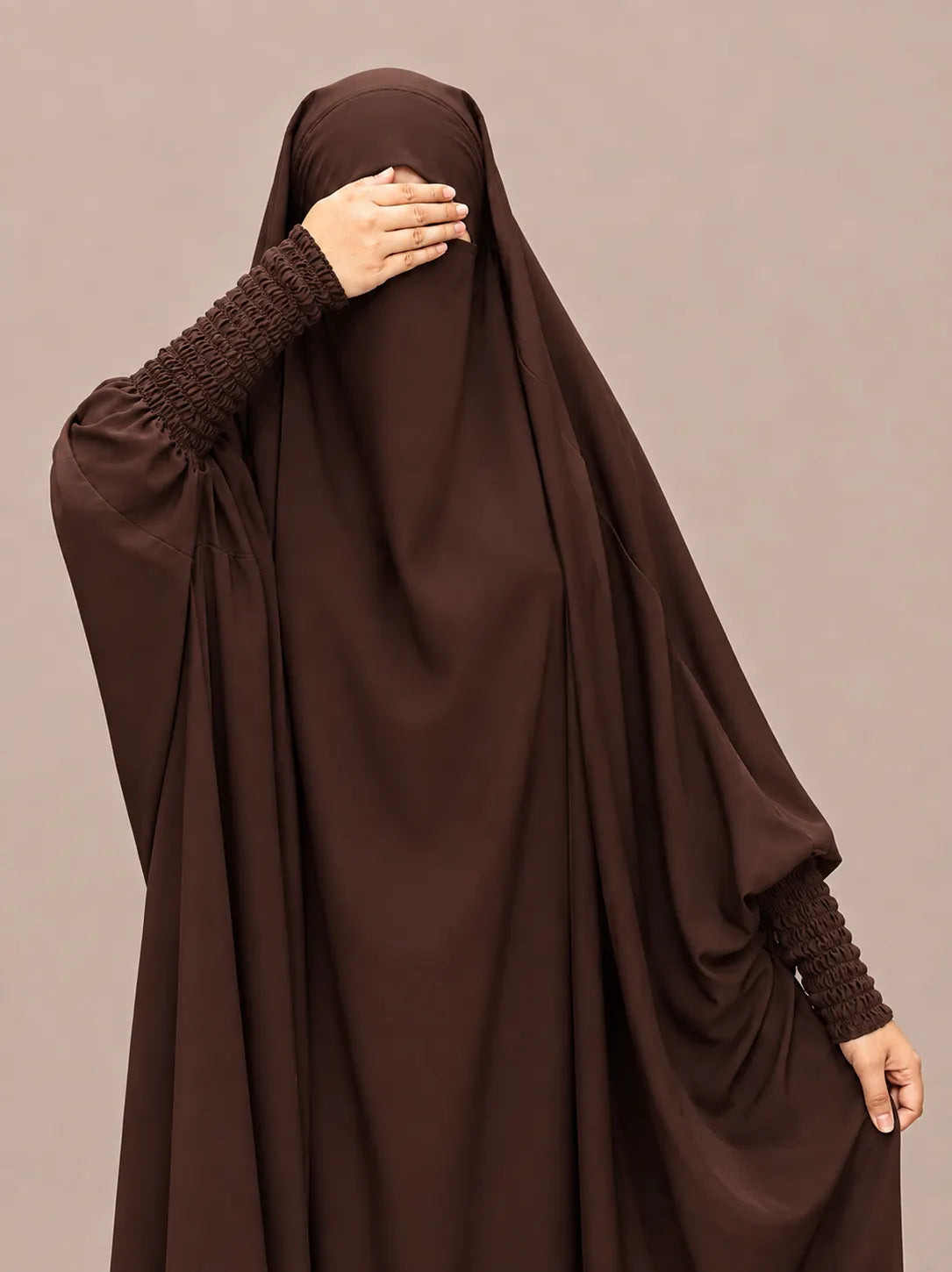 Brown Jilbab With Smocked Sleeves