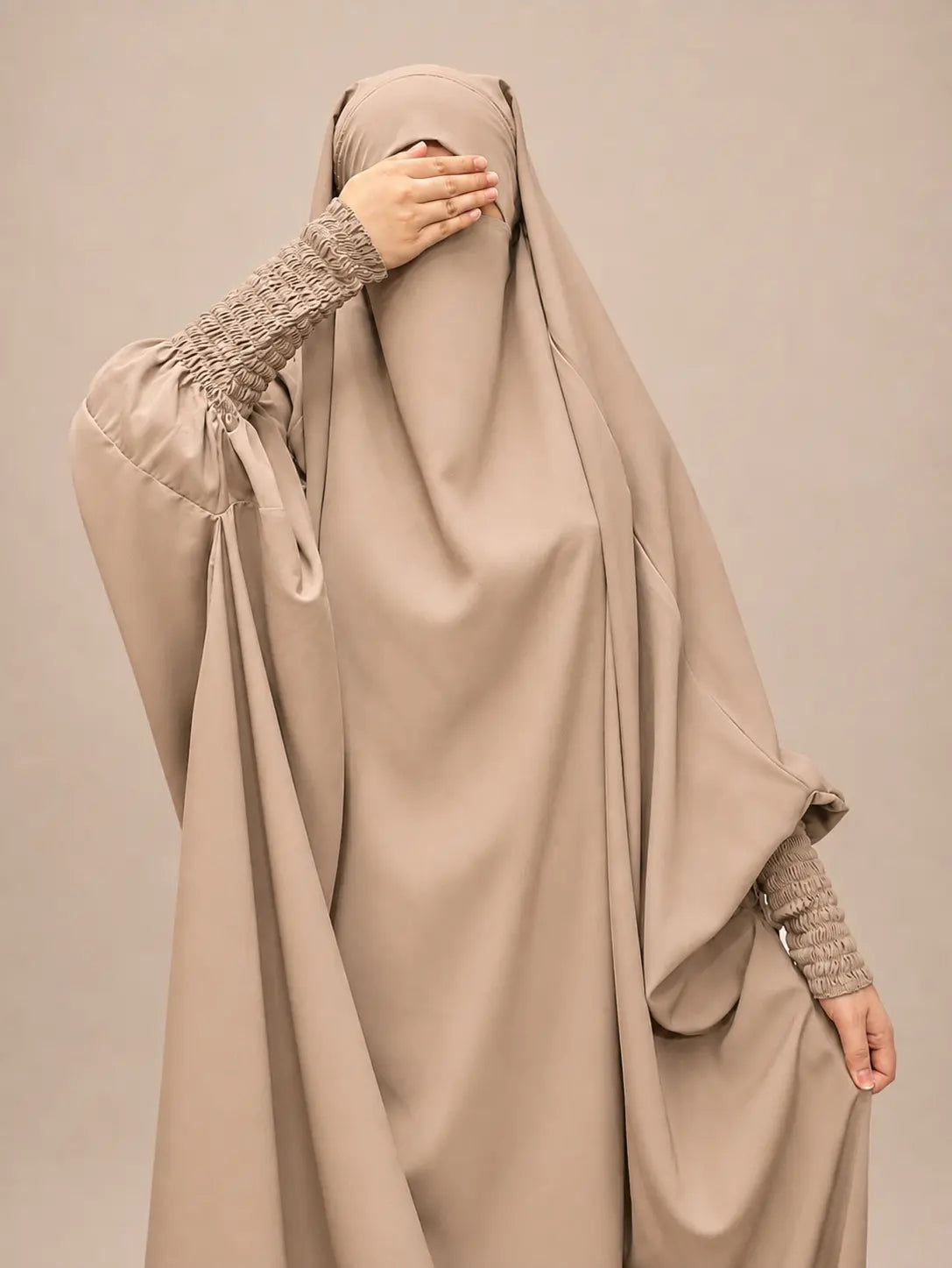 Beige Jilbab With Smocked Sleeves