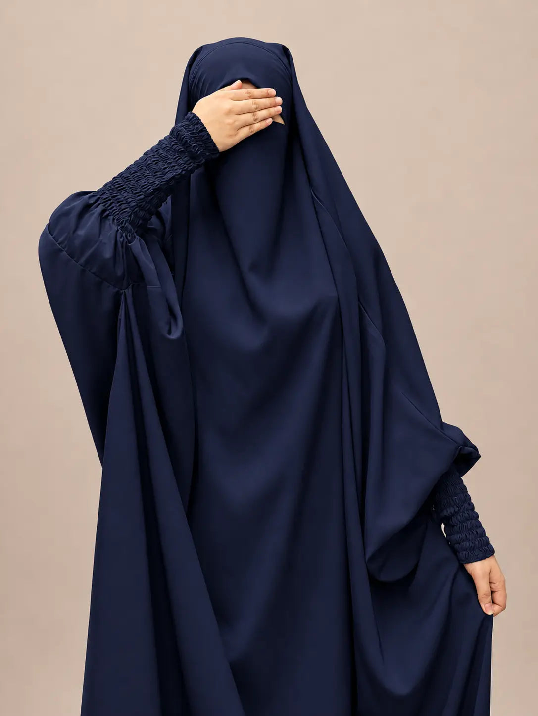 Navy Blue Jilbab With Smocked Sleeves