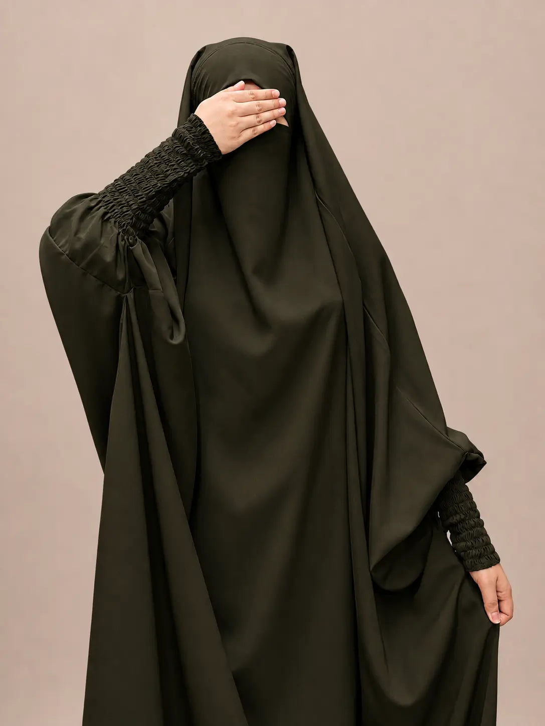 Olive Jilbab With Smocked Sleeves