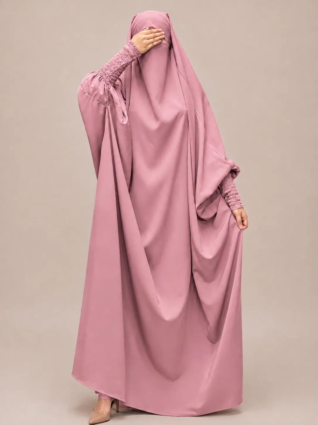 Pastel Pink One Pc Jilbab With Smocked Sleeves