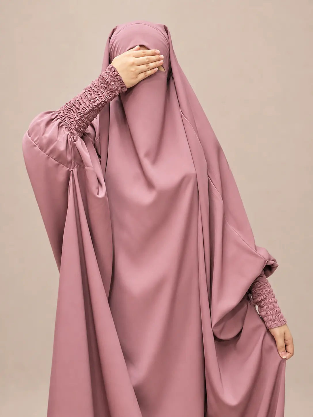 Pastel Pink One Pc Jilbab With Smocked Sleeves