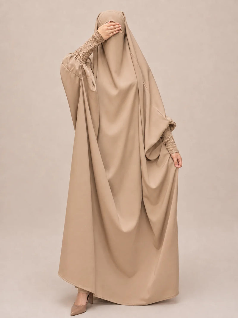 Beige Jilbab With Smocked Sleeves