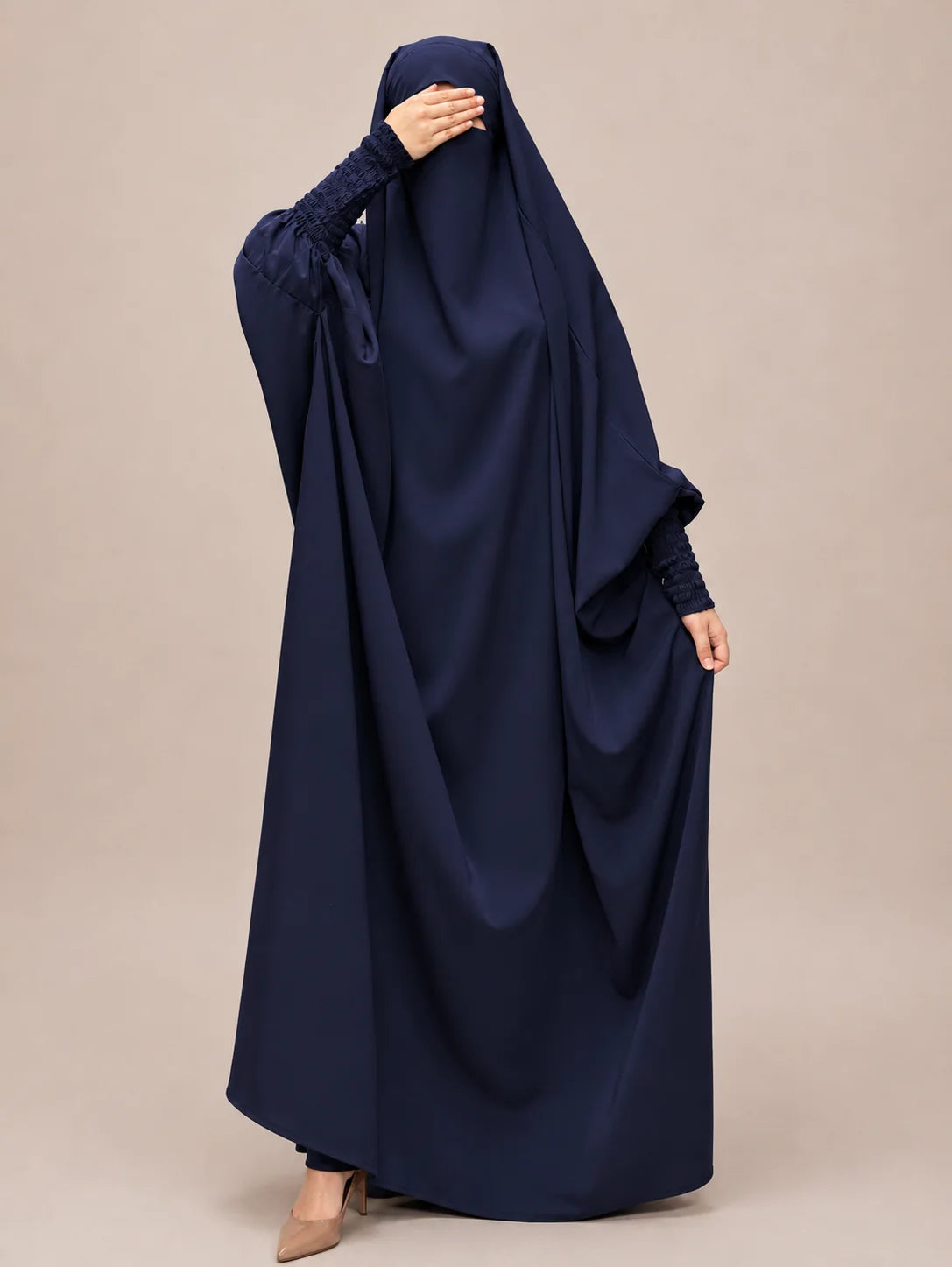 Navy Blue Jilbab With Smocked Sleeves