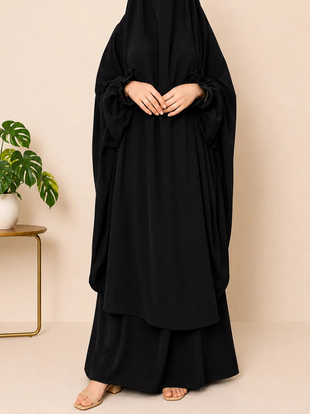 Black Two Pc Jilbab With Flower Sleeves
