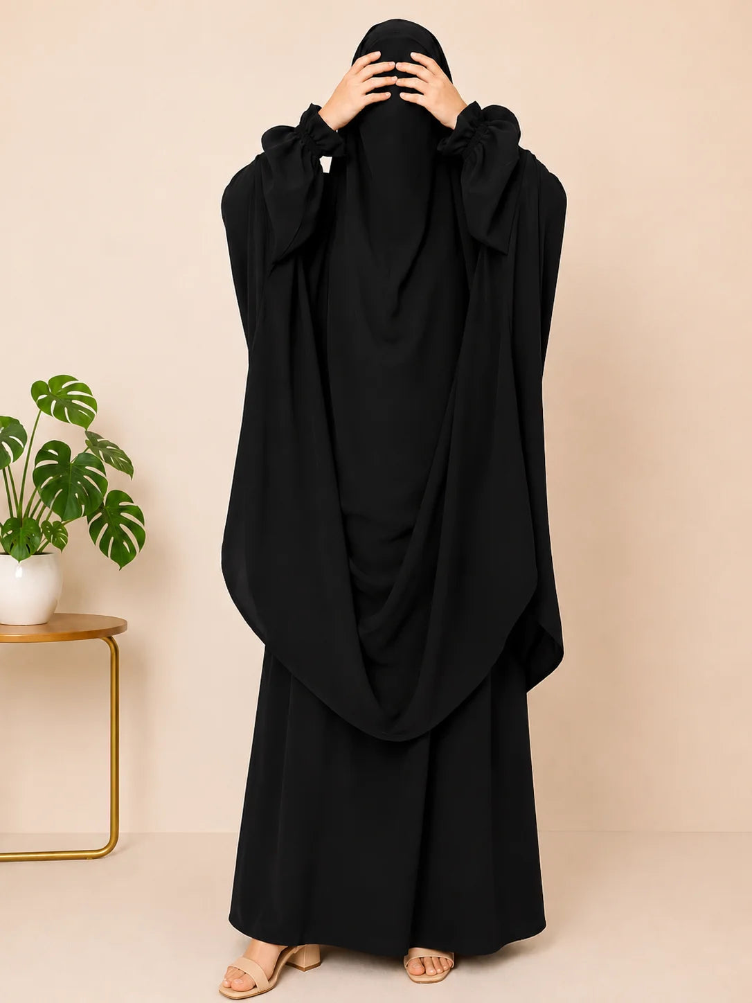 Black Two Pc Jilbab With Flower Sleeves