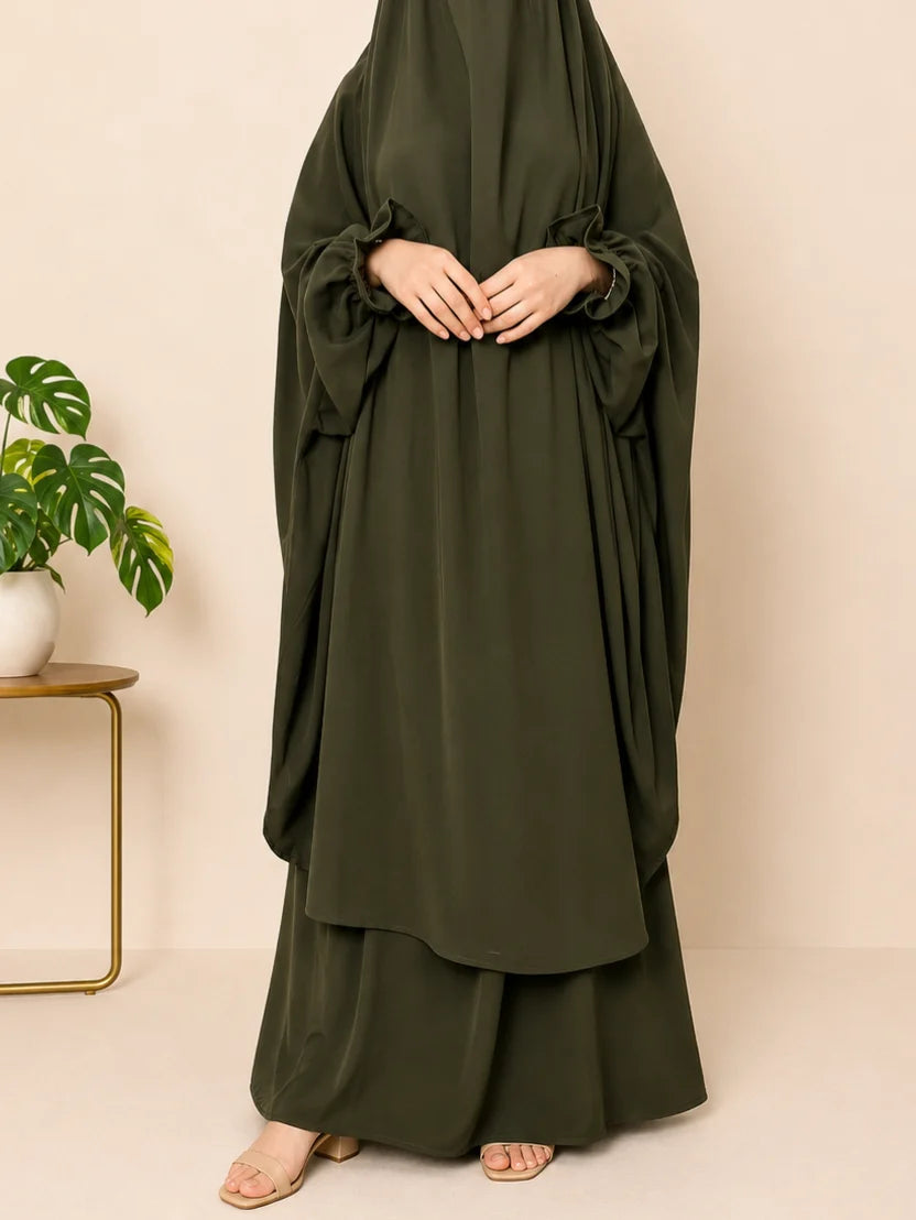 Olive Two Pc Jilbab With Flower Sleeves