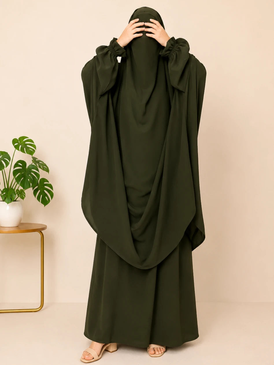 Olive Two Pc Jilbab With Flower Sleeves