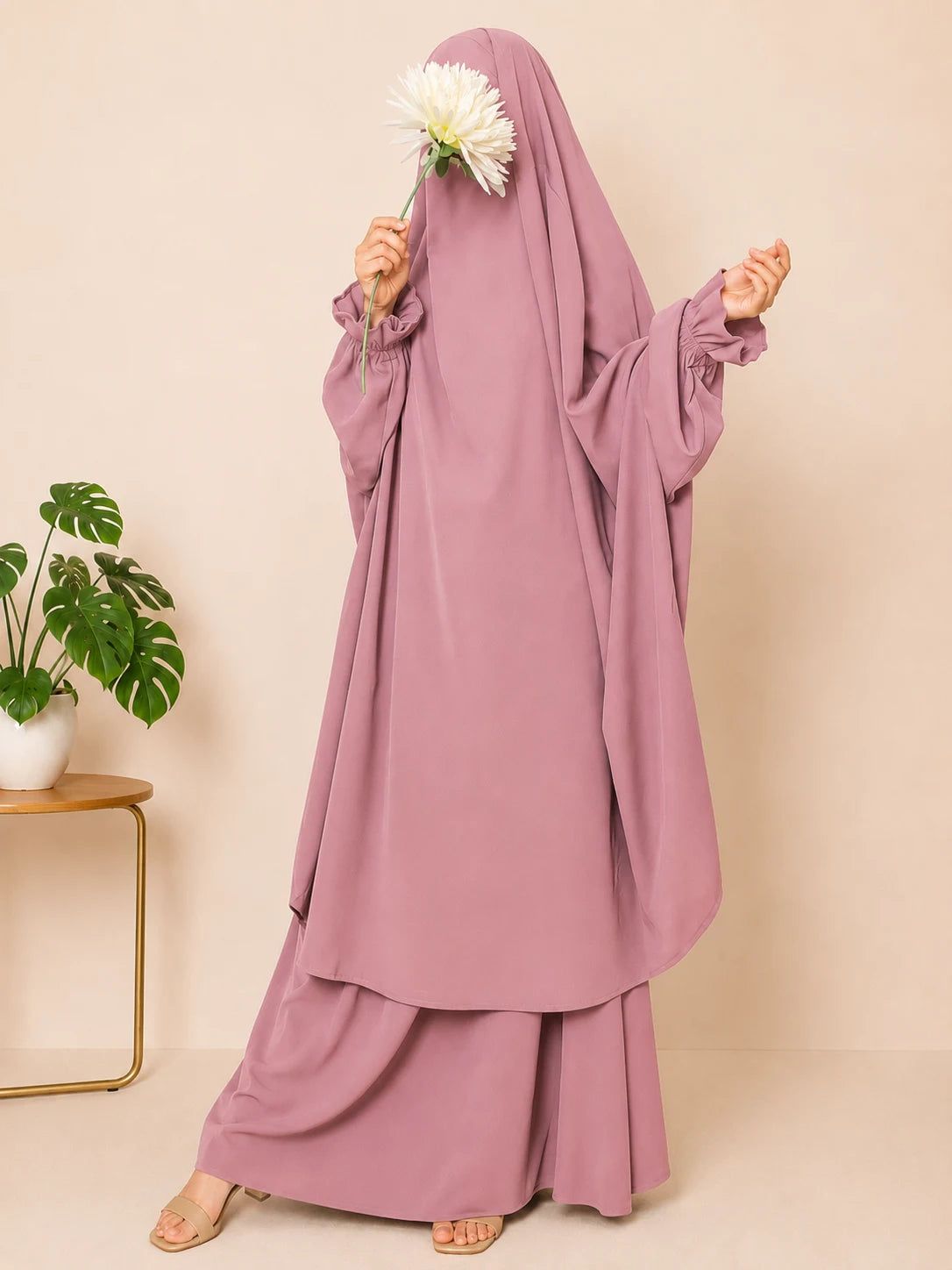 Pastel Pink Two Pc Jilbab With Flower Sleeves