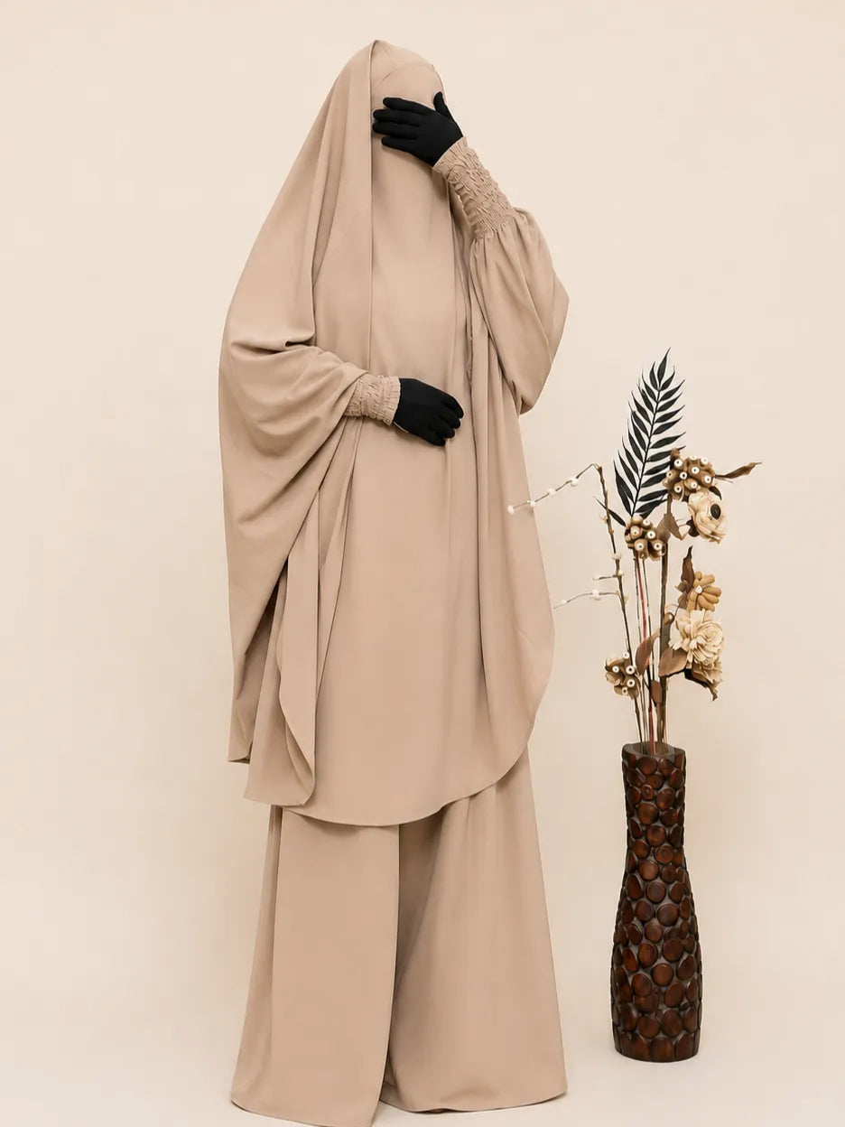 Beige Two Pc Jilbab With Broad Pant