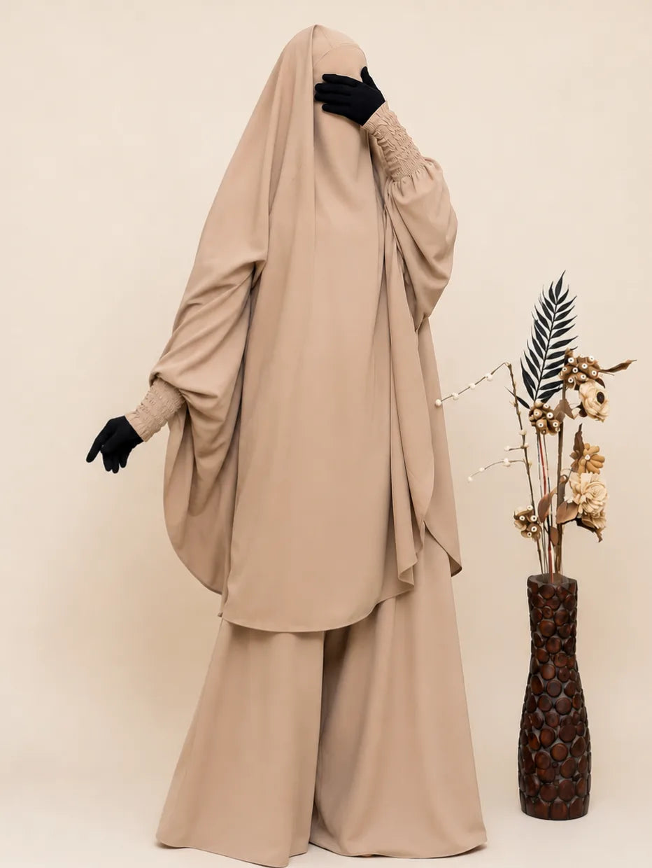 Beige Two Pc Jilbab With Broad Pant