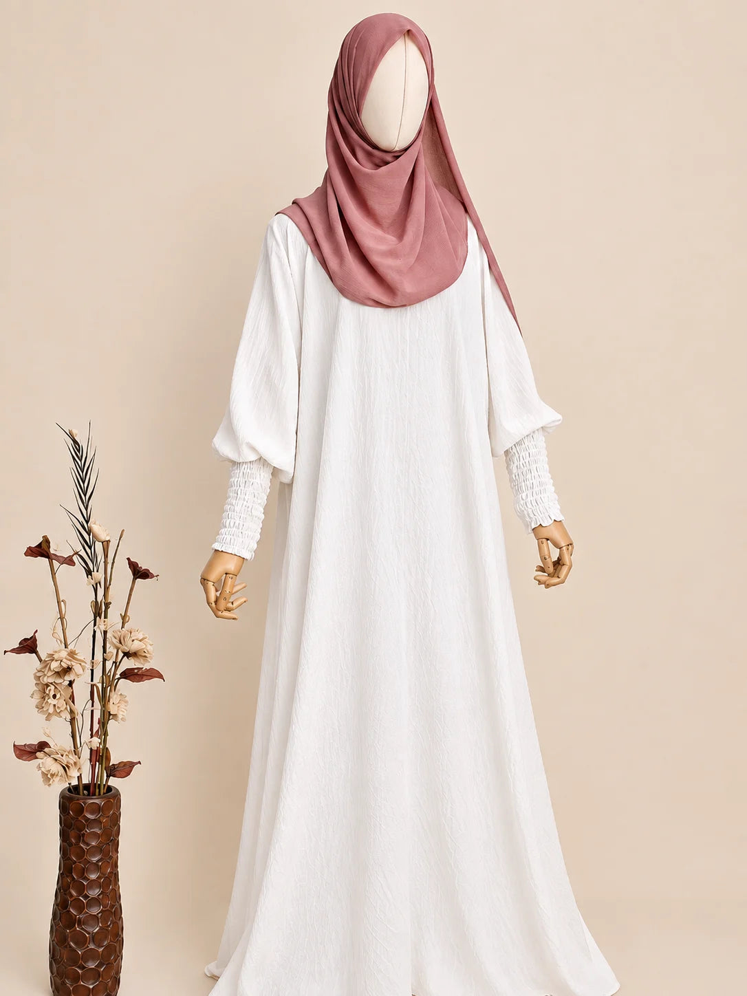 White Basic Abaya With Smocked Sleeves