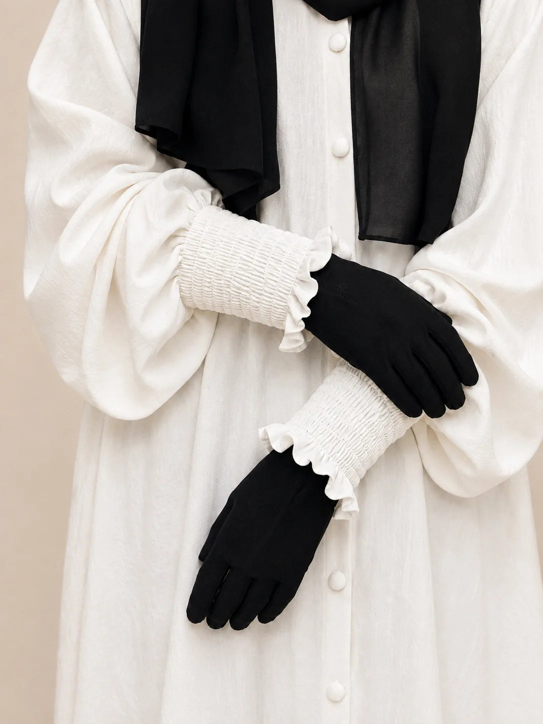 White Basic Abaya With Smocked Sleeves