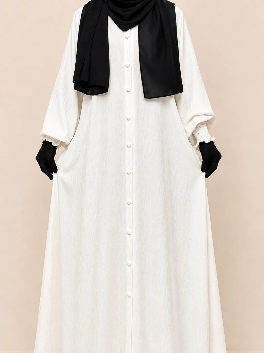 White Basic Abaya With Smocked Sleeves