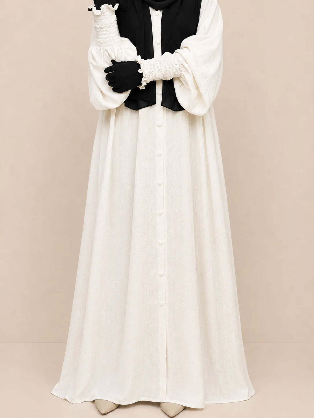 White Basic Abaya With Smocked Sleeves