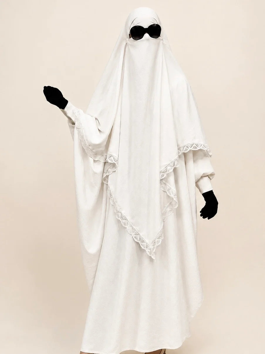 White Kaftan Abaya Khimar Set