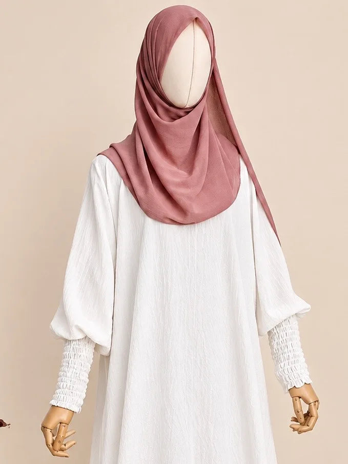 White Basic Abaya With Smocked Sleeves