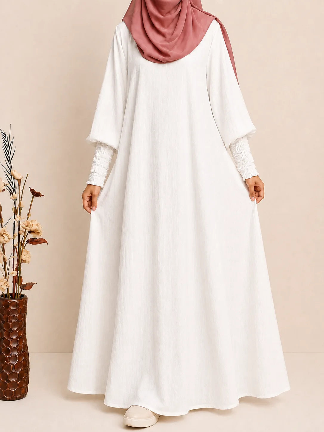 White Basic Abaya With Smocked Sleeves